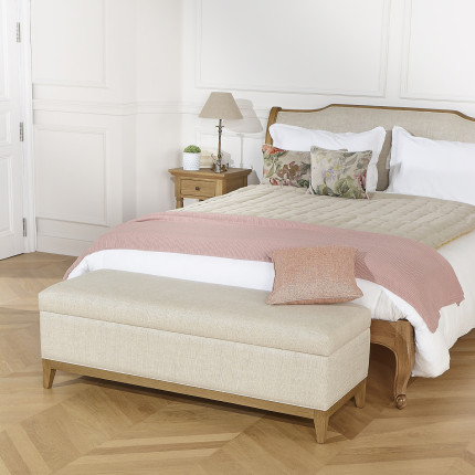 Banc de rangement VIRGINIA - Style shabby chic en chêne et lin premium