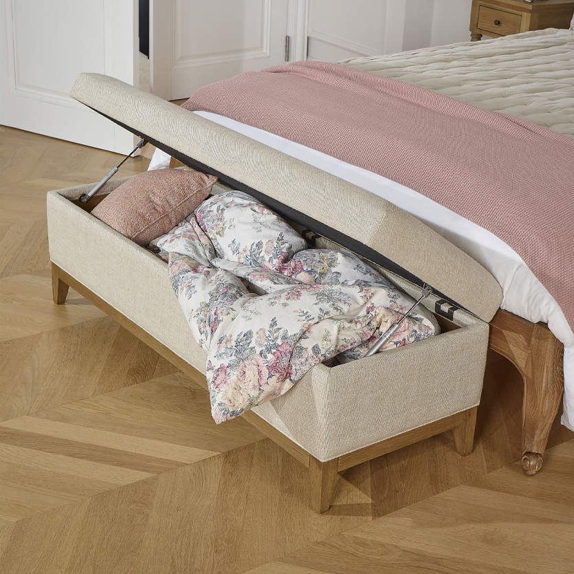 Banc de rangement VIRGINIA - Style shabby chic en chêne et lin premium