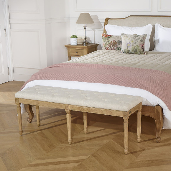 Gepolsterte Bank MARCEAU - Shabby-Chic-Stil aus Gummibaumholz und Stoff in Leinenoptik