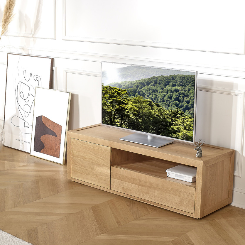 Meuble TV CAMILLE - Style contemporain, plateau en chêne,1 tiroir, 1 porte, 140 cm