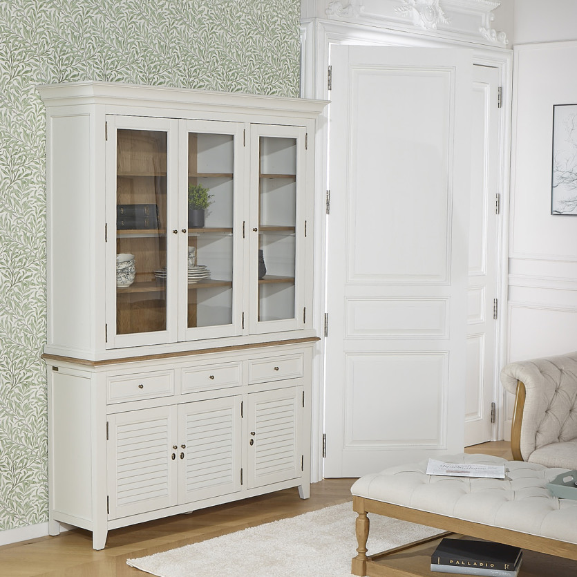 Vaisselier EDEN - Style shabby chic, plateau en chêne, 3 tiroirs, 6 portes