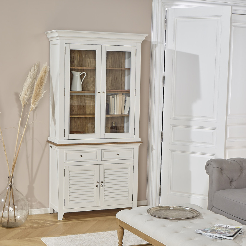 Vaisselier EDEN - Style shabby chic, plateau en chêne, 2 tiroirs, 4 portes