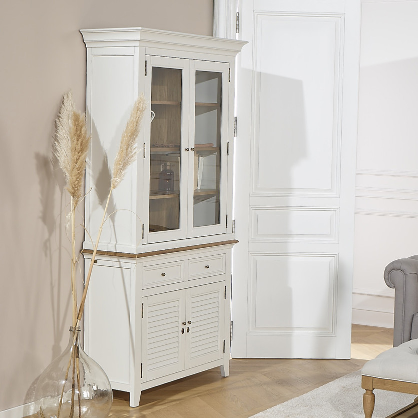 Vaisselier EDEN - Style shabby chic, plateau en chêne, 2 tiroirs, 4 portes