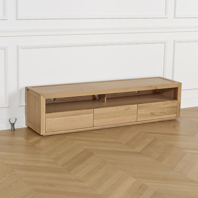 Meuble TV CAMILLE - Style contemporain, plateau en chêne, 3 tiroirs, 180 cm