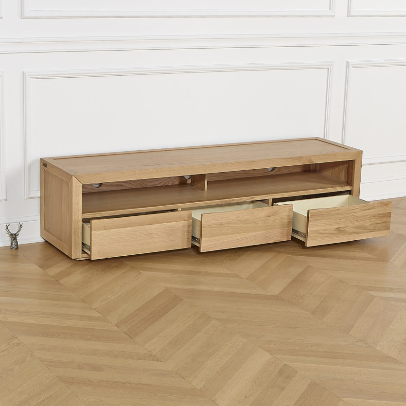 Meuble TV CAMILLE - Style contemporain, plateau en chêne, 3 tiroirs, 180 cm