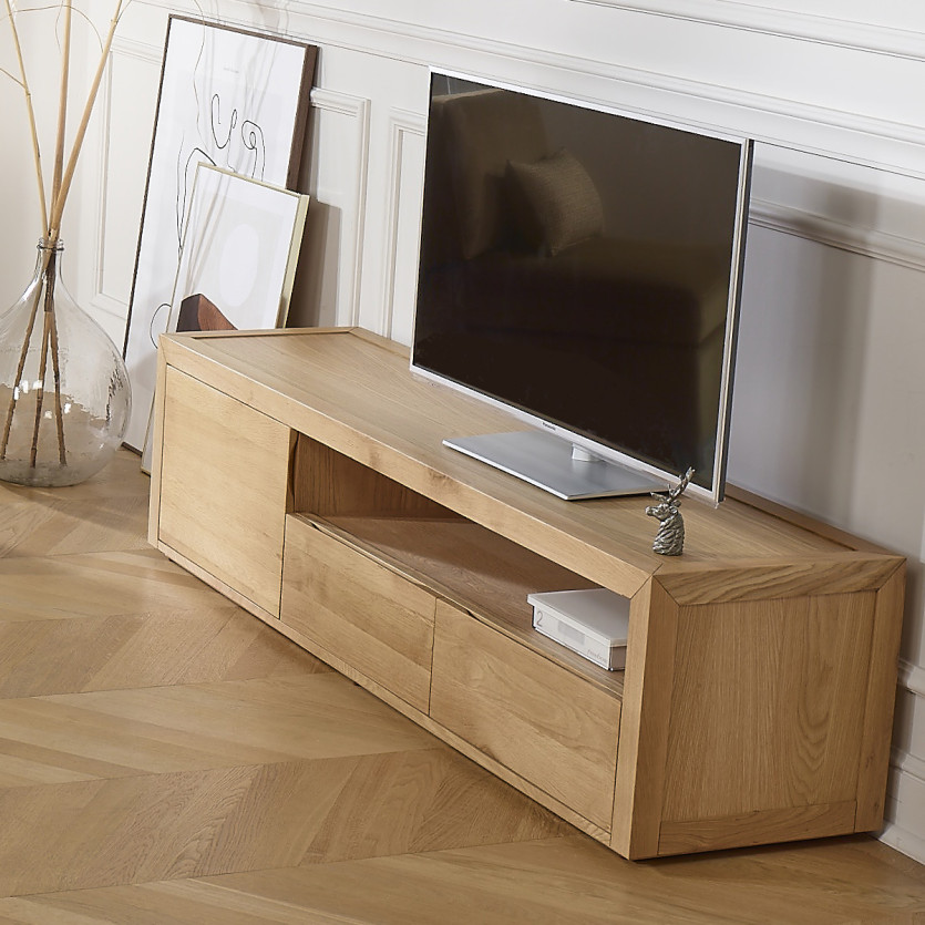 Meuble TV CAMILLE - Style contemporain, plateau en chêne, 2 tiroirs, 1 porte, 180 cm