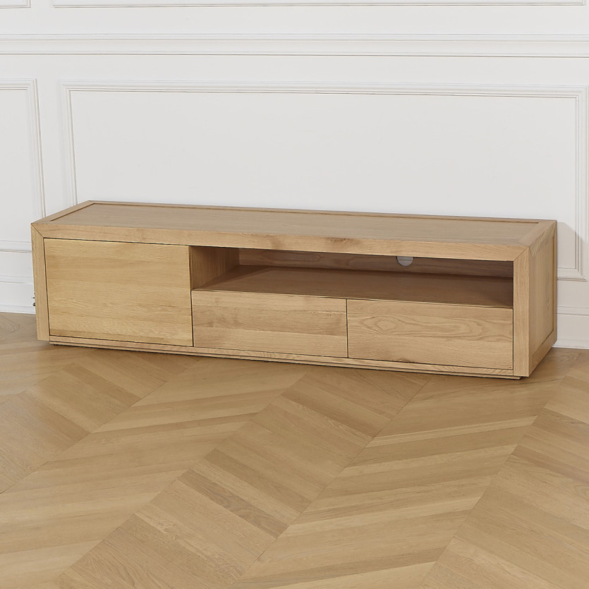 Meuble TV CAMILLE - Style contemporain, plateau en chêne, 2 tiroirs, 1 porte, 180 cm