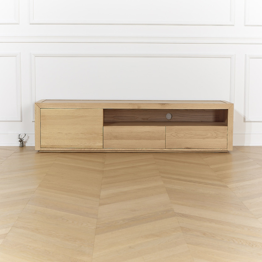 Meuble TV CAMILLE - Style contemporain, plateau en chêne, 2 tiroirs, 1 porte, 180 cm