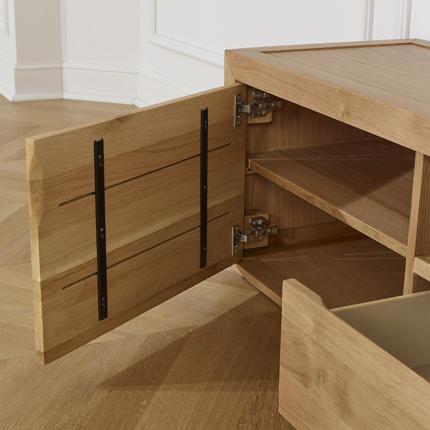 Meuble TV CAMILLE - Style contemporain, plateau en chêne, 2 tiroirs, 1 porte, 180 cm