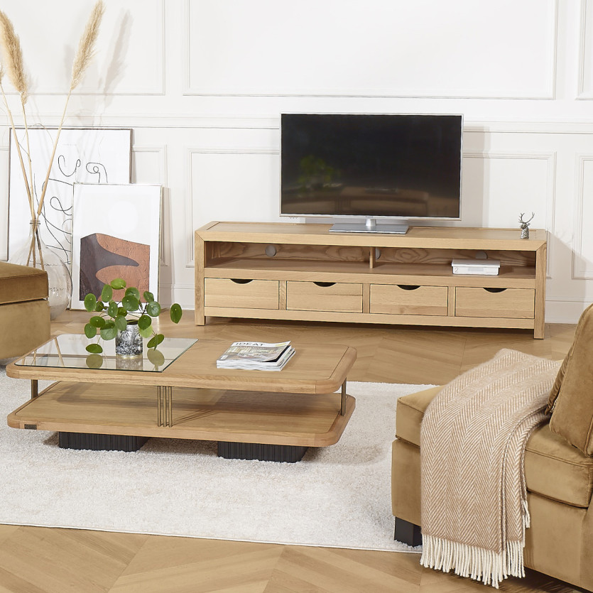 Mueble TV DANIA - Estilo contemporáneo, patas de madera maciza, 4 cajones, 1 nicho