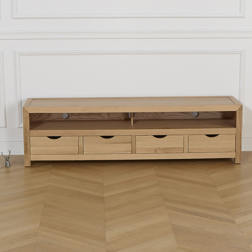 Meuble TV DANIA – Style contemporain, plateau en chêne, 4 tiroirs, 1 niche
