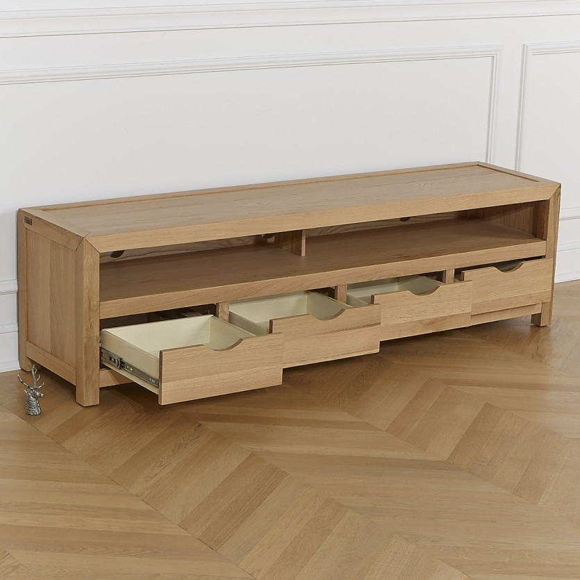Meuble TV DANIA – Style contemporain, plateau en chêne, 4 tiroirs, 1 niche