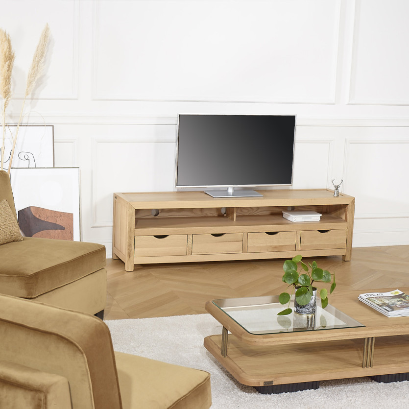 Meuble TV DANIA – Style contemporain, plateau en chêne, 4 tiroirs, 1 niche