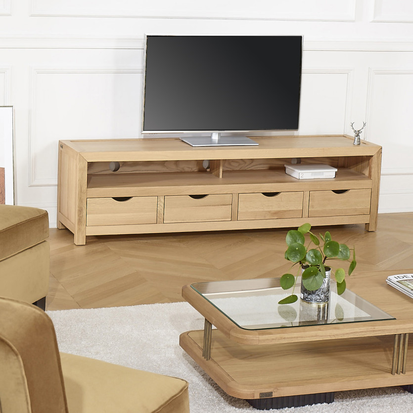 Meuble TV DANIA – Style contemporain, plateau en chêne, 4 tiroirs, 1 niche