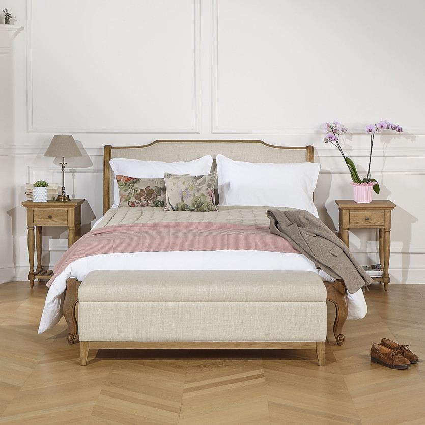 Banc de rangement VIRGINIA - Style shabby chic en chêne et lin premium