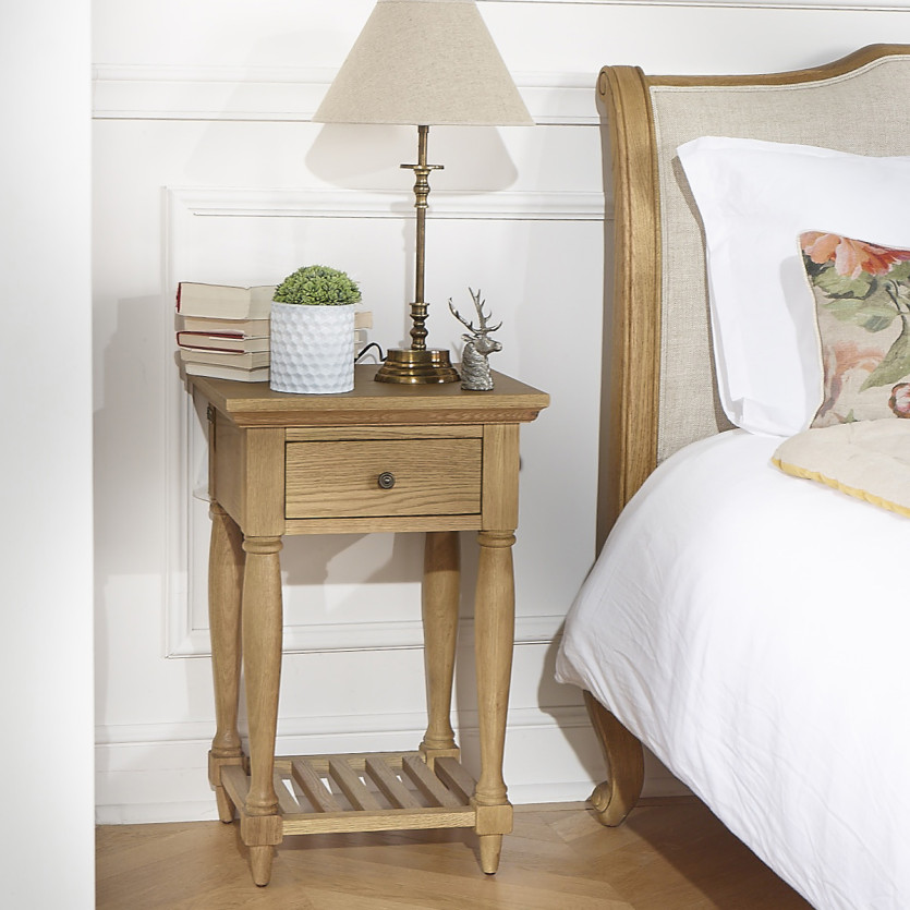 Chevet EDINBURGH - Style shabby chic en chêne, double plateau,1 tiroir