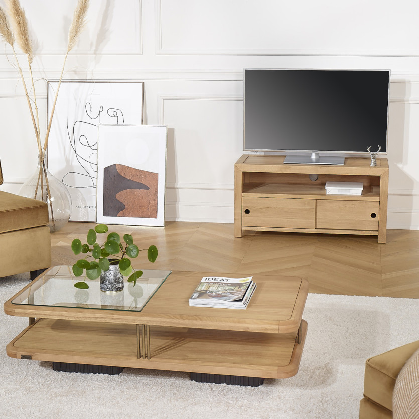 Meuble TV PAOLA - Style contemporain en chêne, 2 portes coulissantes, 100 cm