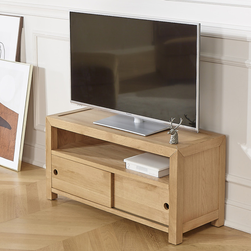 Meuble TV PAOLA - Style contemporain en chêne, 2 portes coulissantes, 100 cm