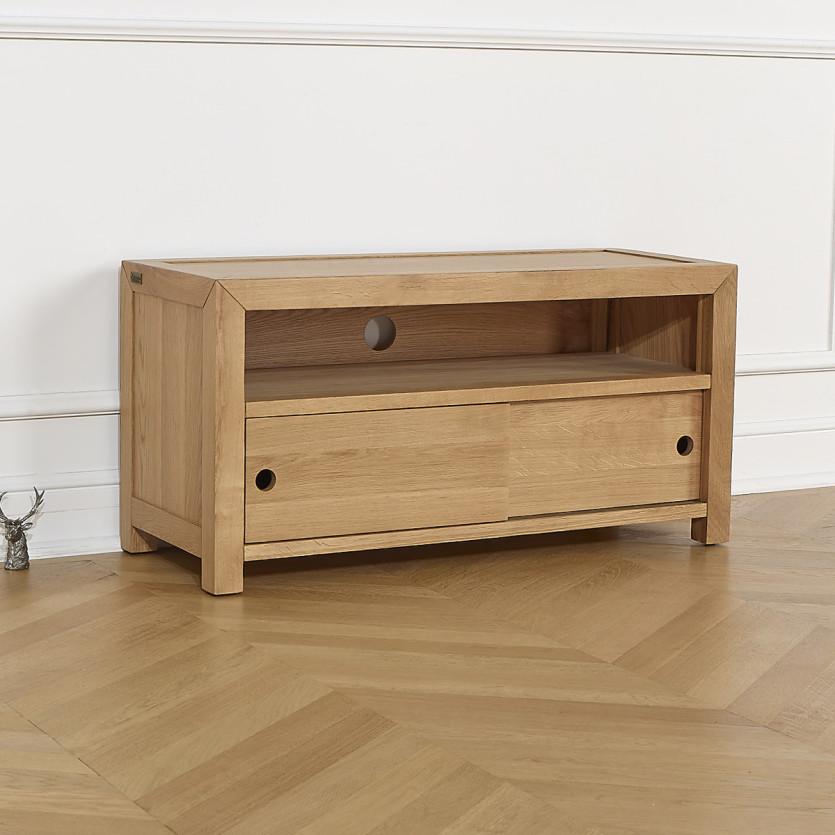 Meuble TV PAOLA - Style contemporain en chêne, 2 portes coulissantes, 100 cm