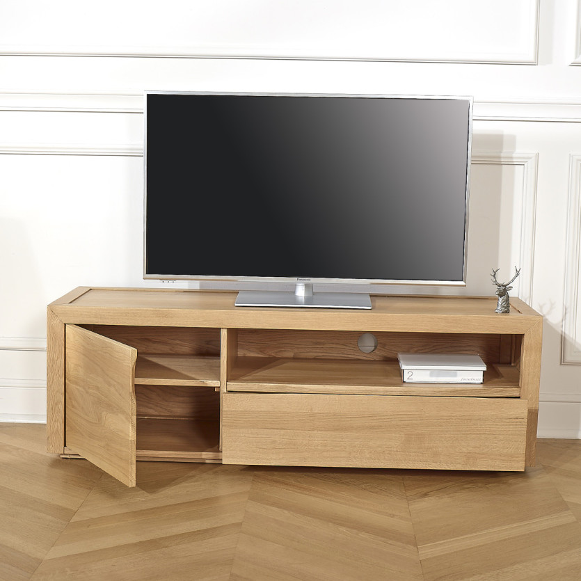 Meuble TV CAMILLE - Style contemporain, plateau en chêne,1 tiroir, 1 porte, 140 cm