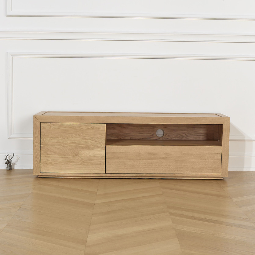 Meuble TV CAMILLE - Style contemporain, plateau en chêne,1 tiroir, 1 porte, 140 cm