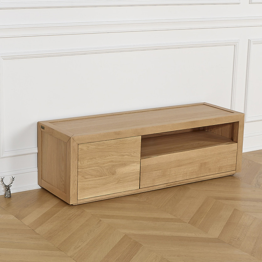 Meuble TV CAMILLE - Style contemporain, plateau en chêne,1 tiroir, 1 porte, 140 cm