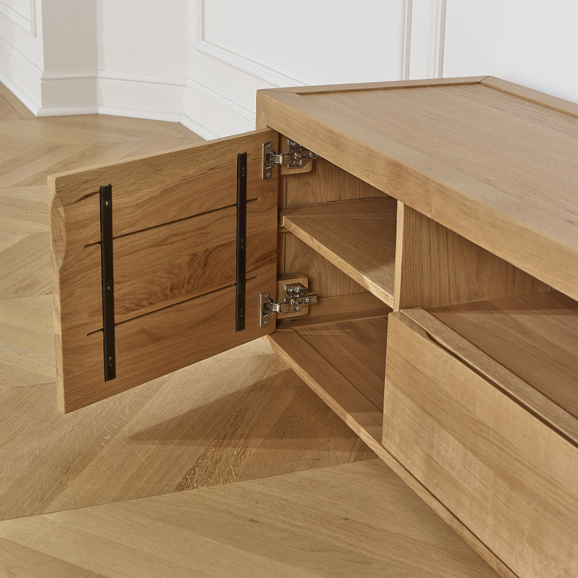 Meuble TV CAMILLE - Style contemporain, plateau en chêne,1 tiroir, 1 porte, 140 cm