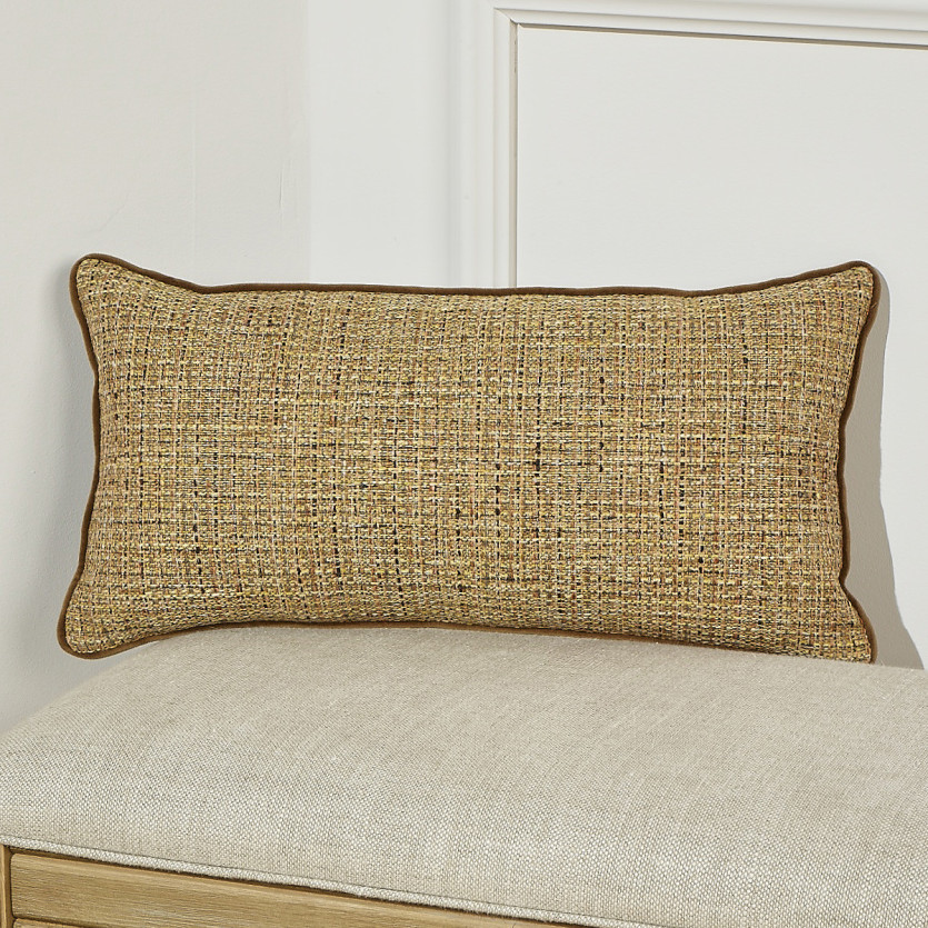 Almofada retangular AUGUSTE - Estilo contemporâneo em tweed e veludo de algodão camel, 53 x 26 cm
