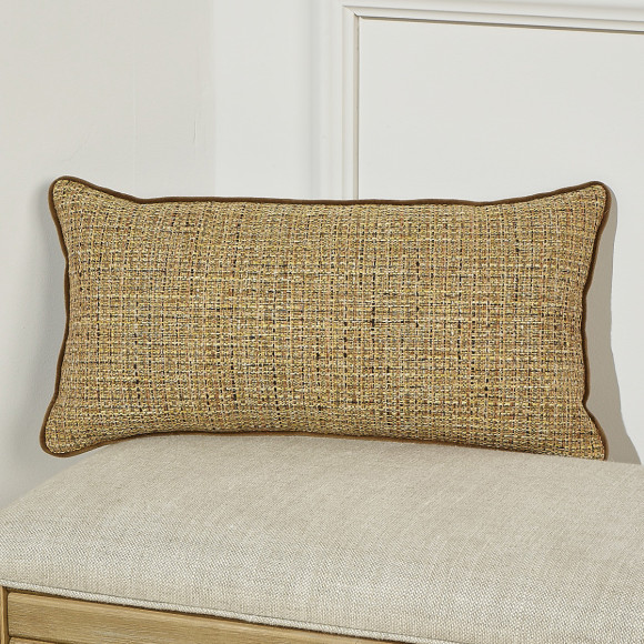 Rectangular cushion AUGUSTE - Contemporary style in camel cotton tweed and velvet, 53 x 26 cm