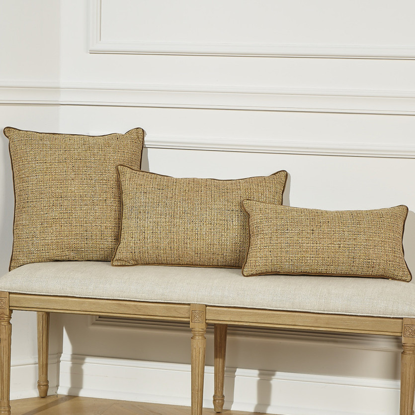 Almofada retangular AUGUSTE - Estilo contemporâneo em tweed e veludo de algodão camel, 53 x 26 cm