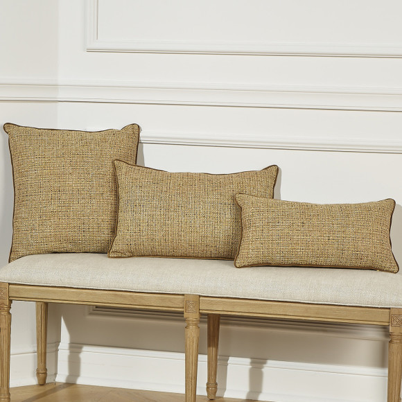 Coussin rectangulaire AUGUSTE - Style contemporain en tweed et velours de coton camel, 53 x 26 cm