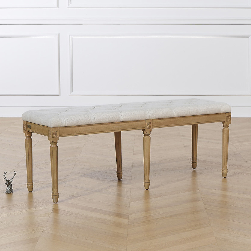 Banco estofado MARCEAU - Estilo shabby chic em hevea e tecido com efeito de linho