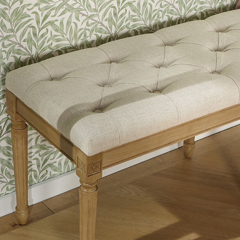 Banc capitonné MARCEAU - Style shabby chic en hévéa et tissu effet lin