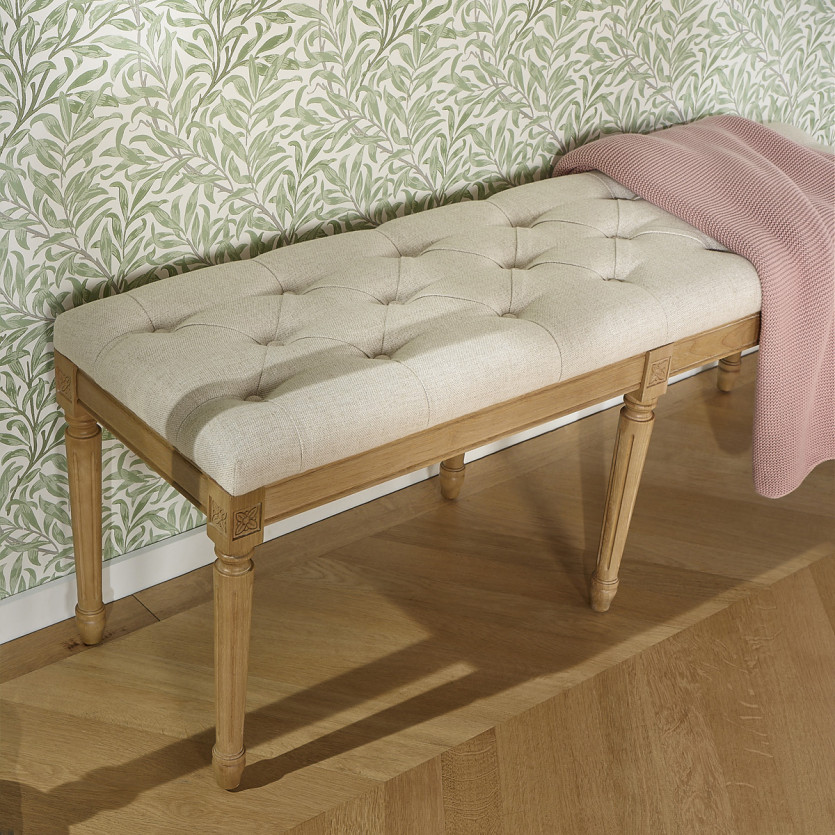 Banc capitonné MARCEAU - Style shabby chic en hévéa et tissu effet lin
