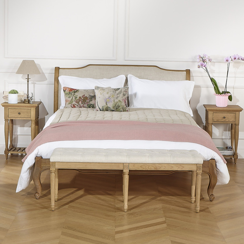 Banco estofado MARCEAU - Estilo shabby chic em hevea e tecido com efeito de linho