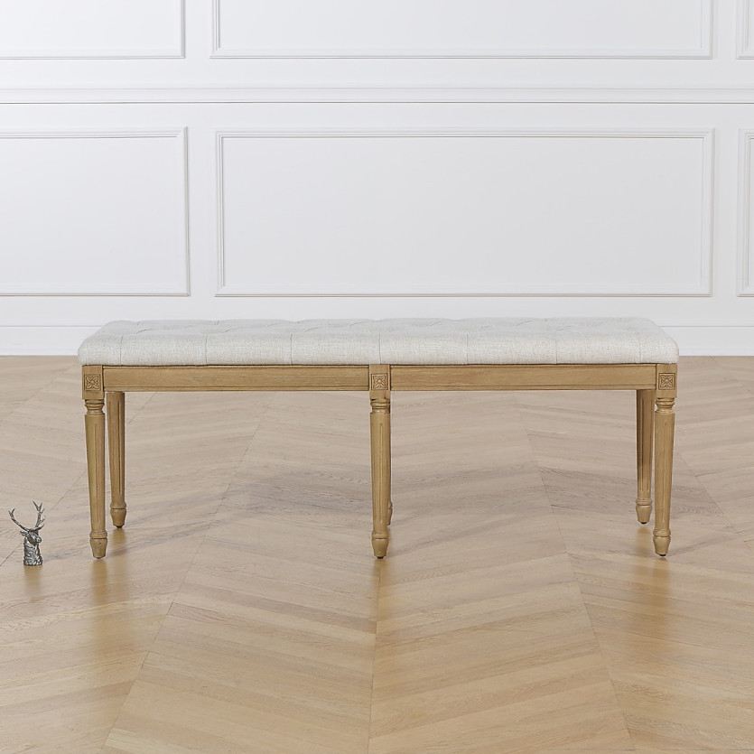 Banc capitonné MARCEAU - Style shabby chic en hévéa et tissu effet lin