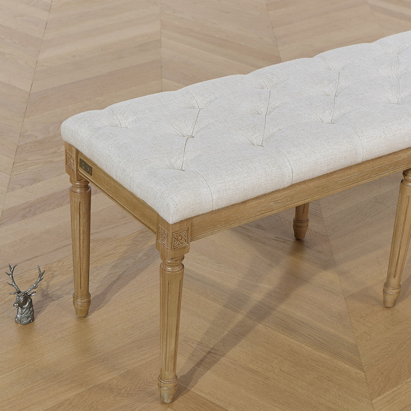 Banco estofado MARCEAU - Estilo shabby chic em hevea e tecido com efeito de linho