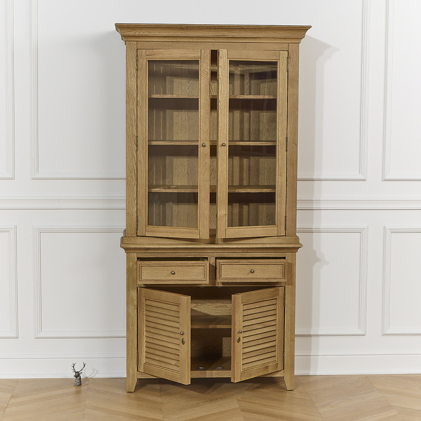 Vaisselier CHARLES - Style shabby chic en chêne, 2 tiroirs, 4 portes