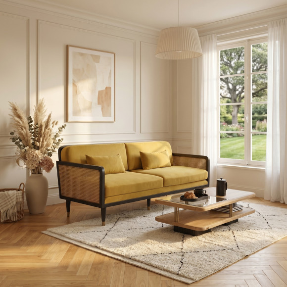 Canapé ARABELLA – Style vintage en tissu velours, bois et rotin, 3 places, bois certifié FSC®