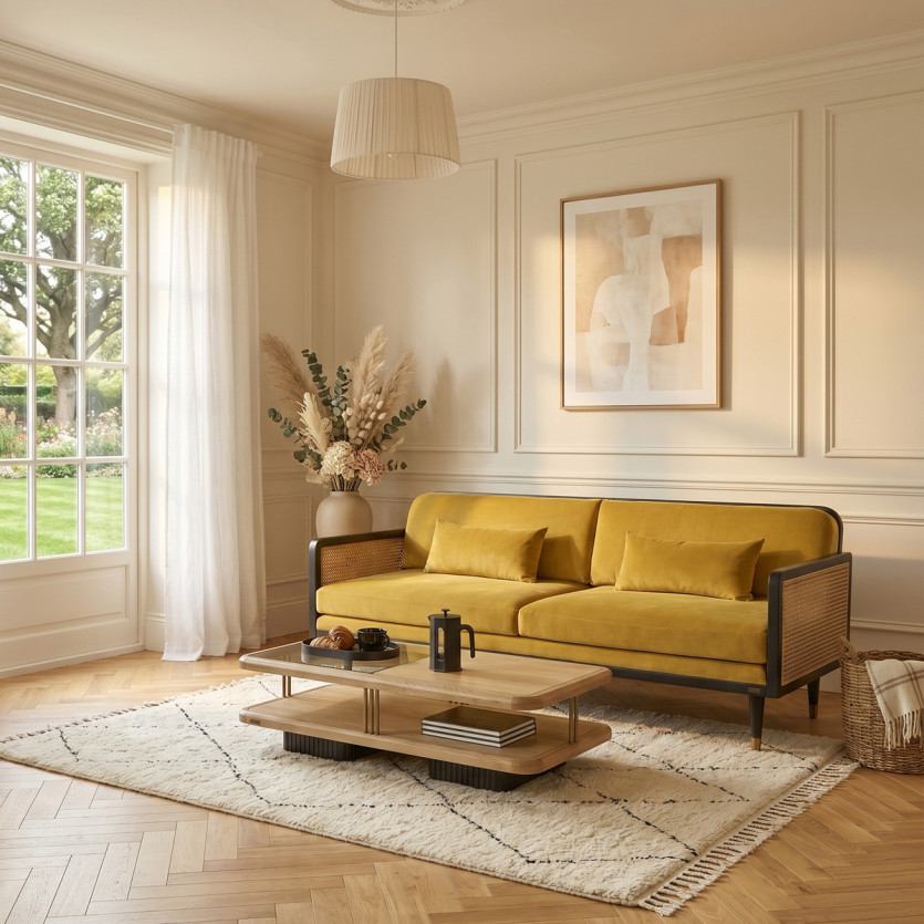 Canapé ARABELLA – Style vintage en tissu velours, bois et rotin, 3 places, bois certifié FSC®