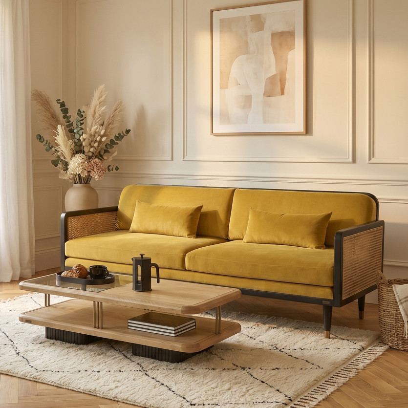 Canapé ARABELLA – Style vintage en tissu velours, bois et rotin, 3 places, bois certifié FSC®