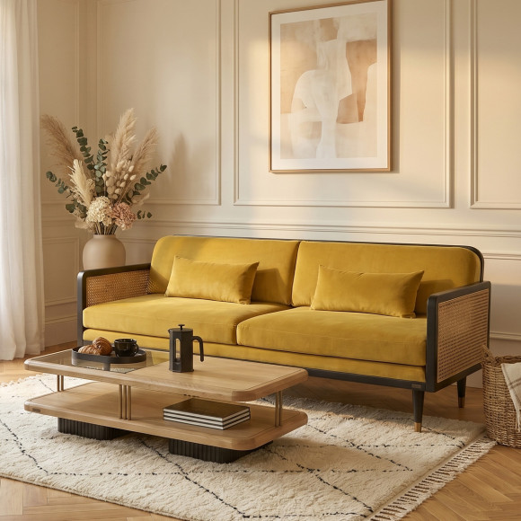 Canapé ARABELLA – Style vintage en tissu velours, bois et rotin, 3 places, bois certifié FSC®
