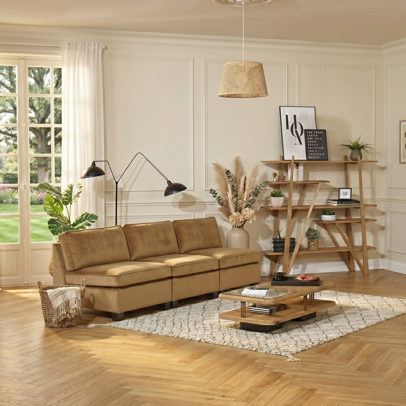 Chauffeuse modulable LEONNARD - Style contemporain en velours et bois certifié FSC®