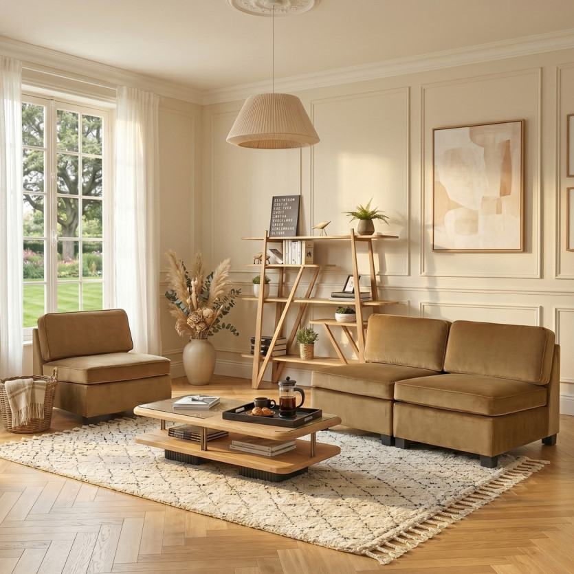 Chauffeuse modulable LEONNARD - Style contemporain en velours et bois certifié FSC®
