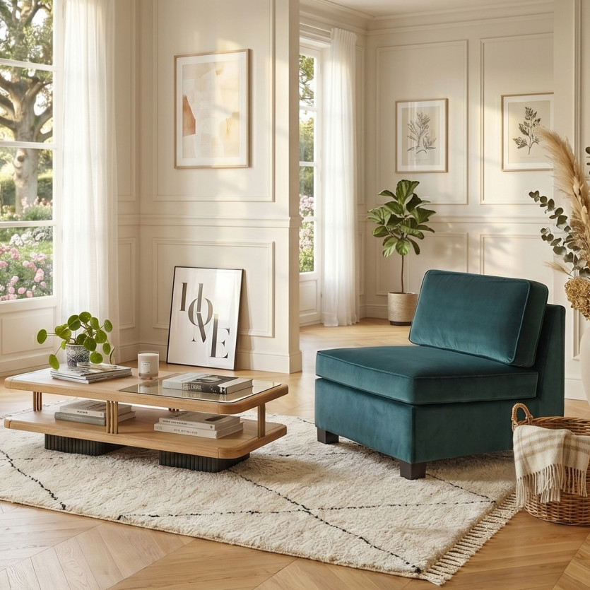 Chauffeuse modulable LEONNARD - Style contemporain en velours et bois certifié FSC®