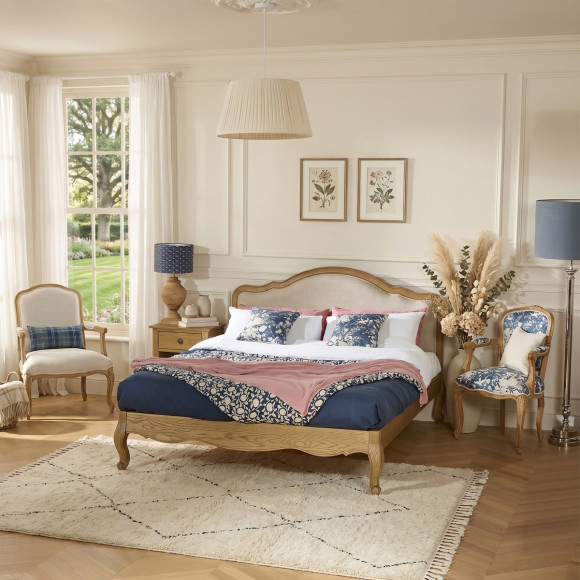 Cama doble HENRY - Estilo romántico en roble y lino premium 160 x 200