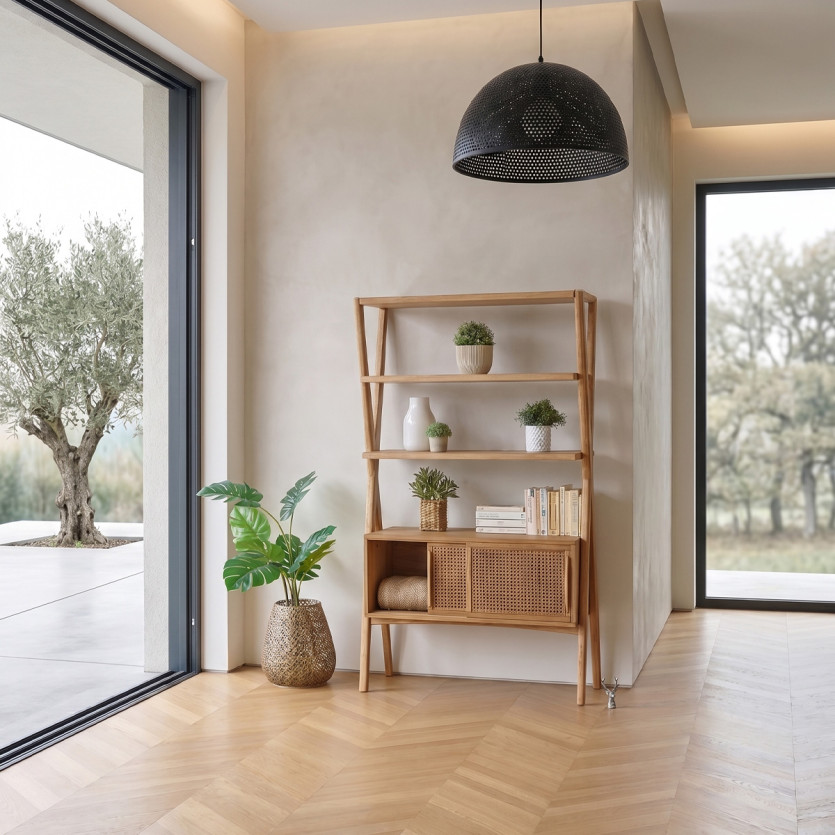 DOROTHY - Modern style shelf in oak and cane, 2 sliding doors, 3 open shelves