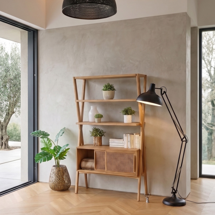 DOROTHY - Modern style shelf in oak and cane, 2 sliding doors, 3 open shelves