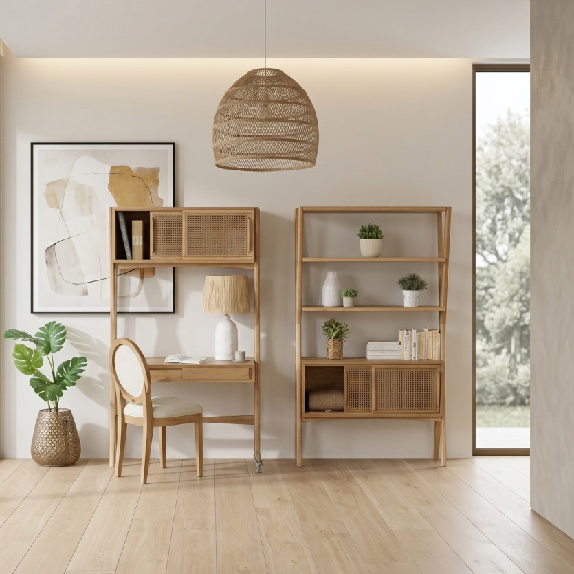 DOROTHY - Modern style shelf in oak and cane, 2 sliding doors, 3 open shelves