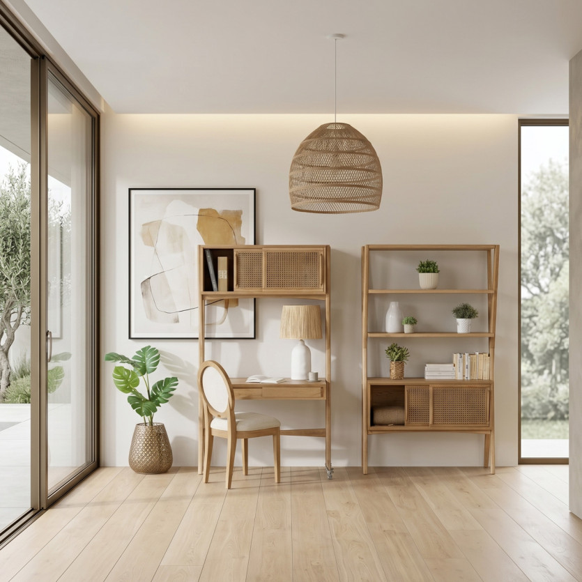 DOROTHY - Modern style shelf in oak and cane, 2 sliding doors, 3 open shelves